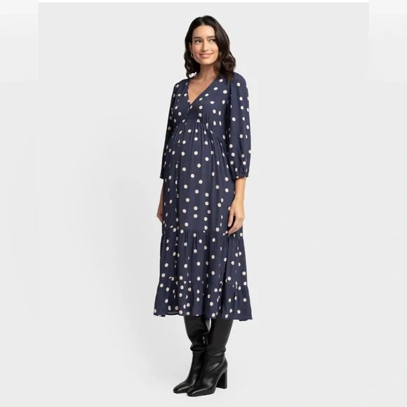 Seraphine Navy Polka Dot Tiered Maternity Maxi Dress - Picture 1 of 10